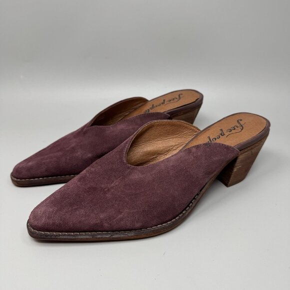 Free People Women's Anya burgundy Suede Pointed Toe Chunky Heel Mules Size 9.5 - Picture 3 of 8
